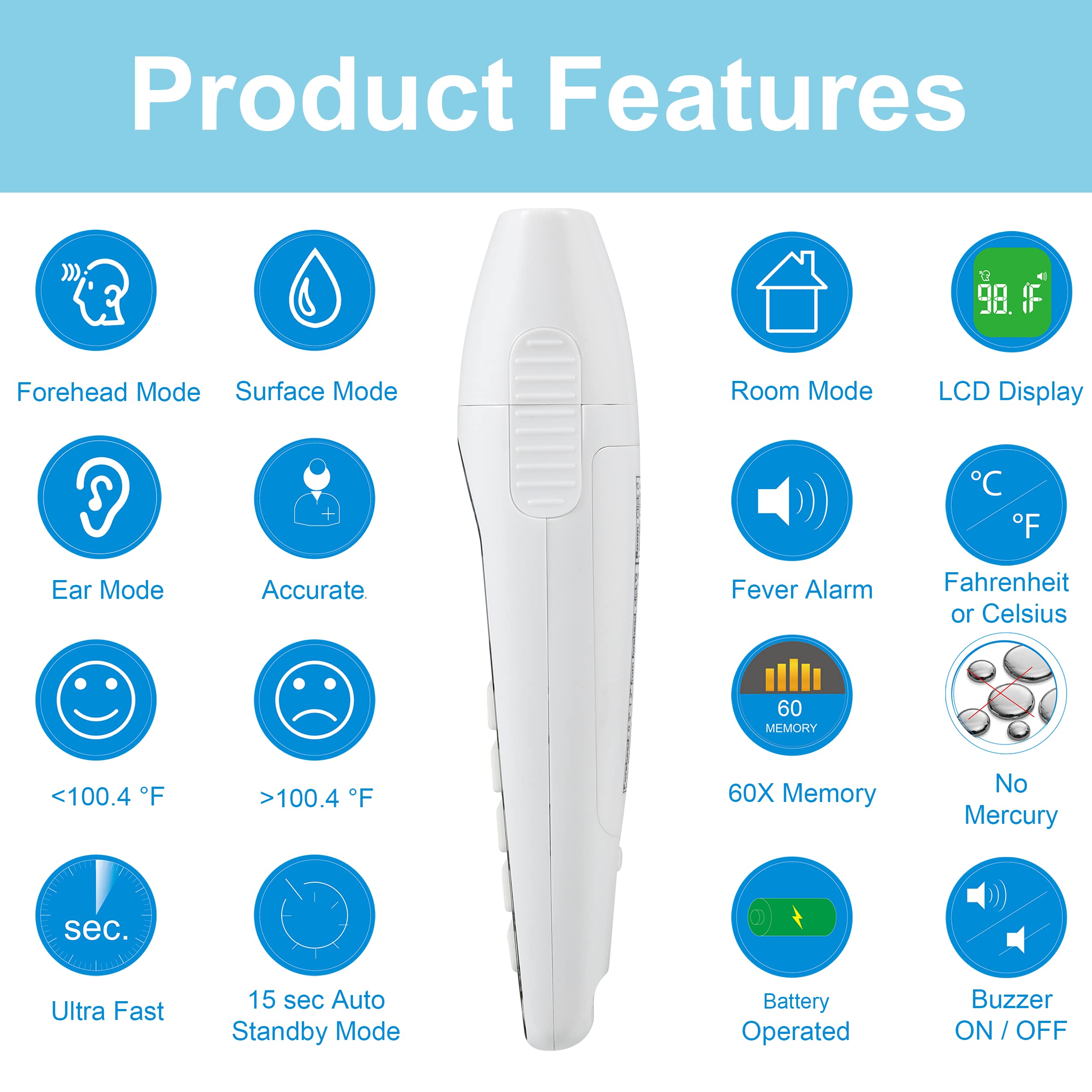 Medical Grade Non-Contact Infrared Forehead Thermometer, 3-Pack